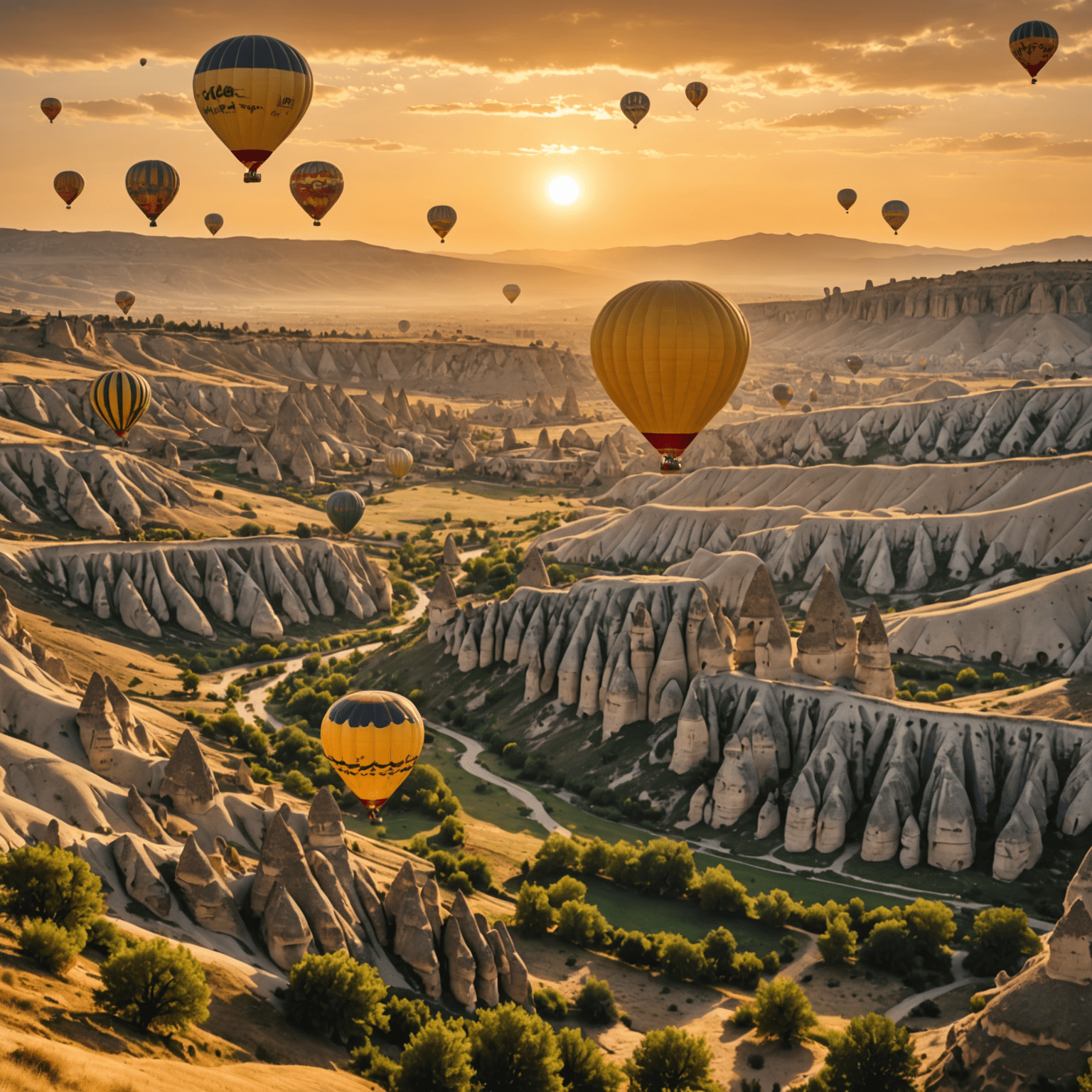 Kapadokya'da gün doğumu sırasında sıcak hava balonları, arka planda peri bacaları ve altın renkli gökyüzü