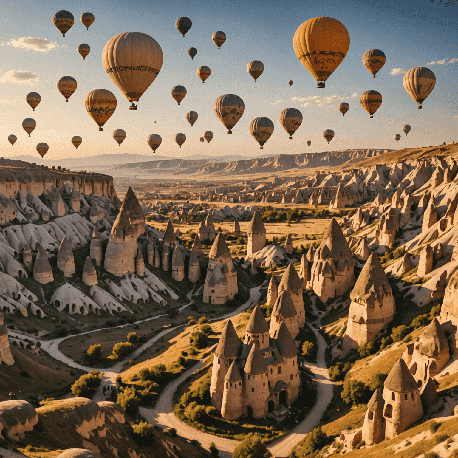 Kapadokya'da gün doğumu manzarası, sıcak hava balonları gökyüzünde süzülürken terrakota tonlarındaki peri bacaları