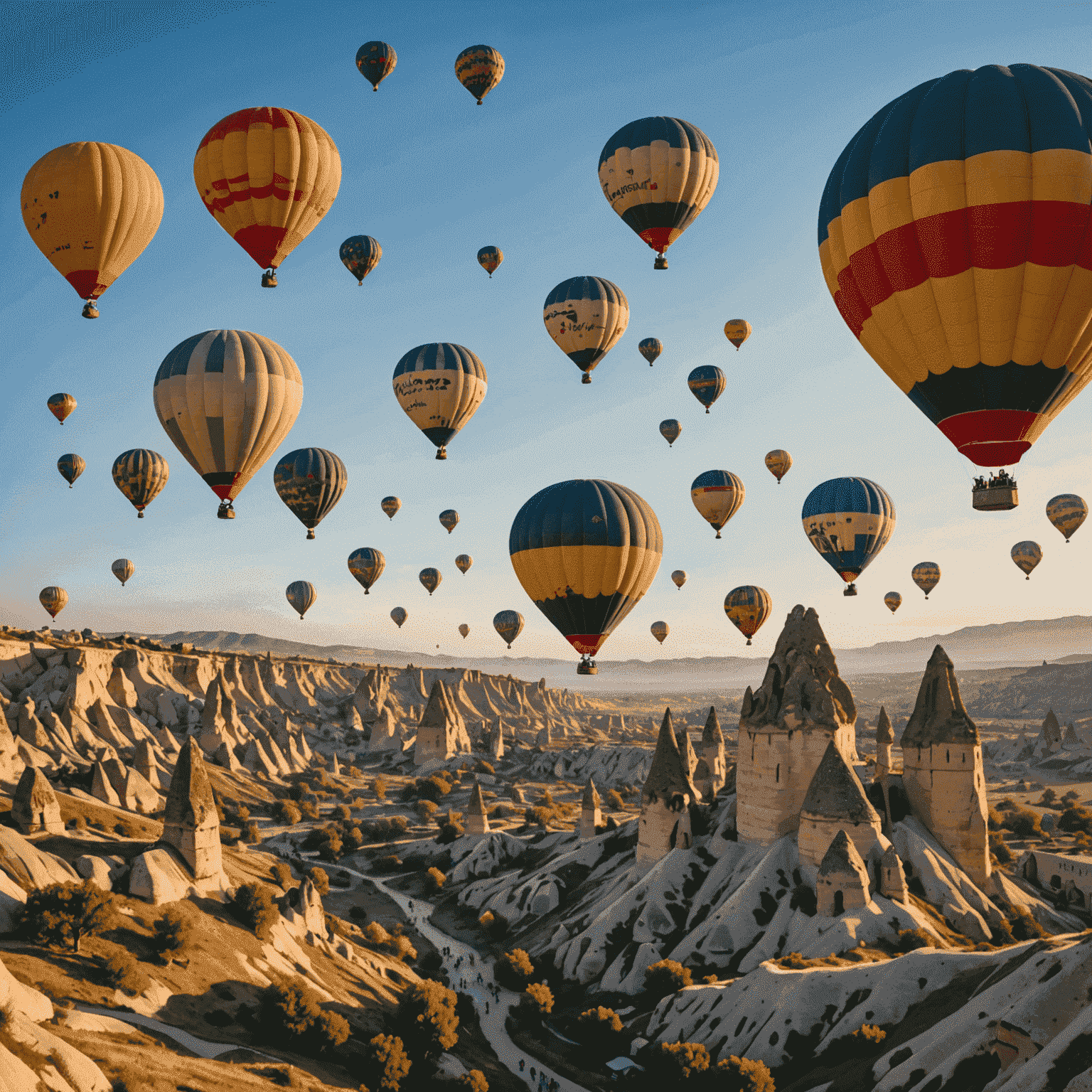 Kapadokya'da gün doğumunda renkli sıcak hava balonları, peri bacaları manzarası eşliğinde gökyüzünde süzülüyor.