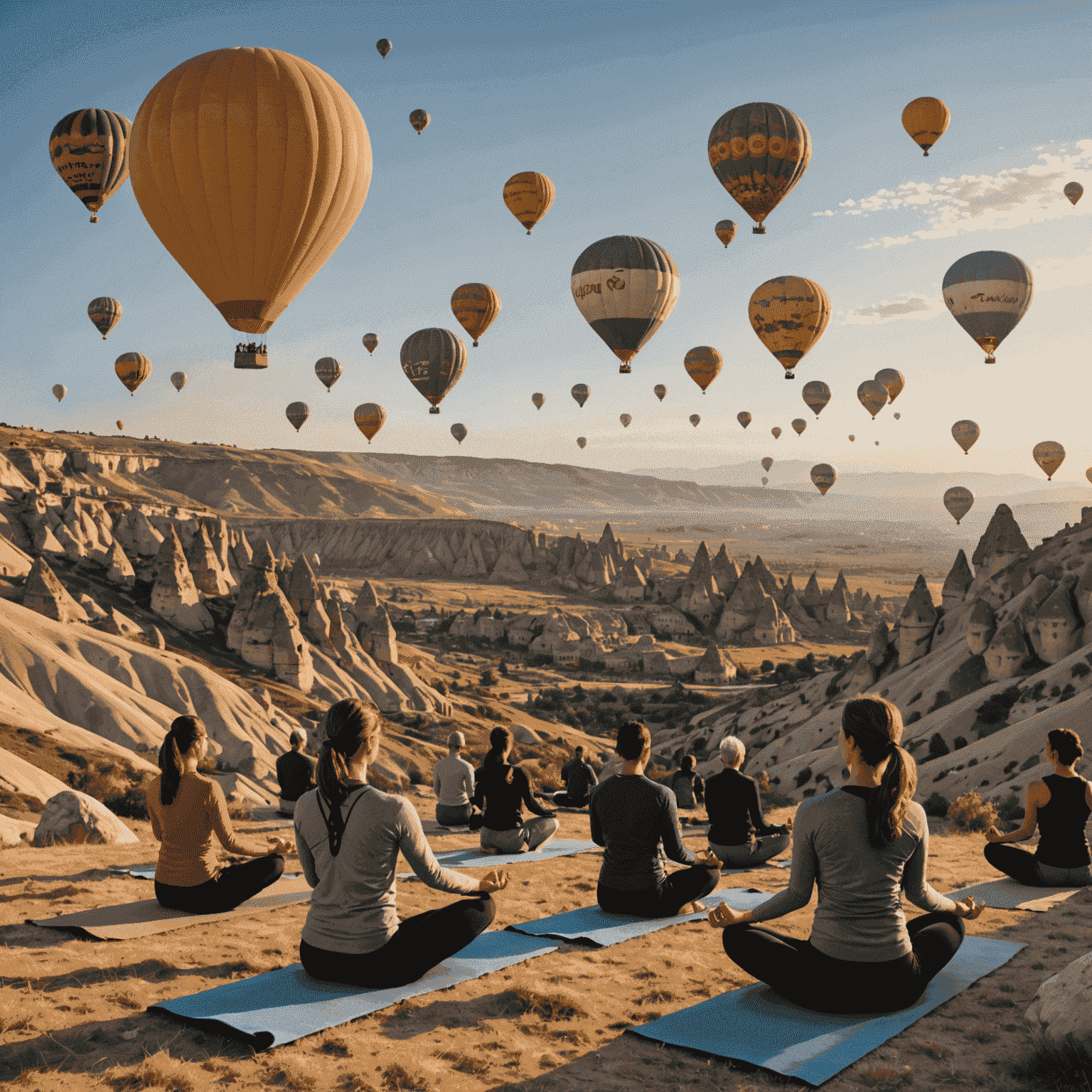Kapadokya'da gün doğumu manzarasına karşı yoga yapan insanlar, arka planda sıcak hava balonları yükseliyor