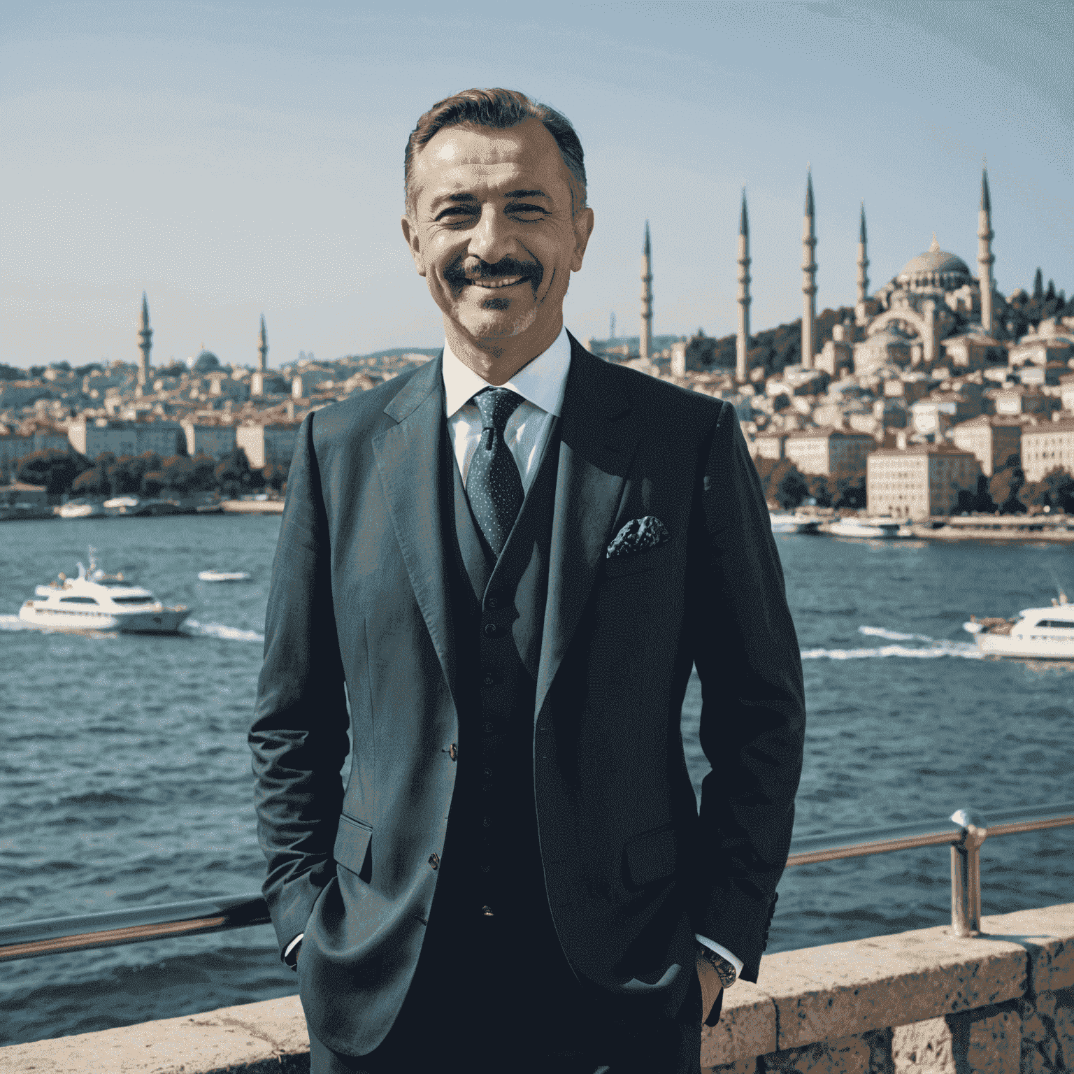 Orta yaşlı, şık giyimli, gülümseyen Türk erkek, arka planda İstanbul Boğazı manzarası