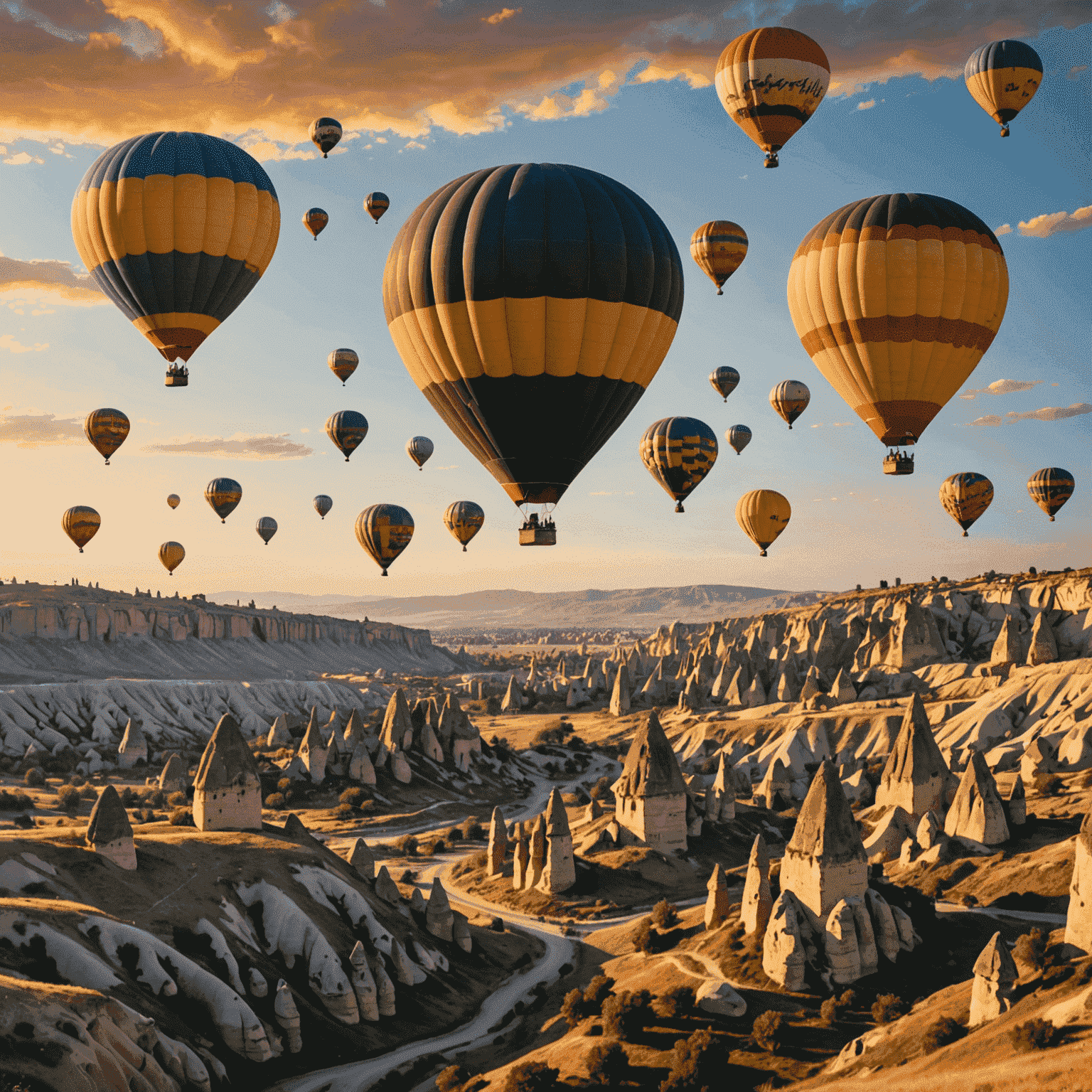 Kapadokya'da gün doğumunda renkli sıcak hava balonları, peri bacaları manzarası eşliğinde gökyüzünde süzülüyor.