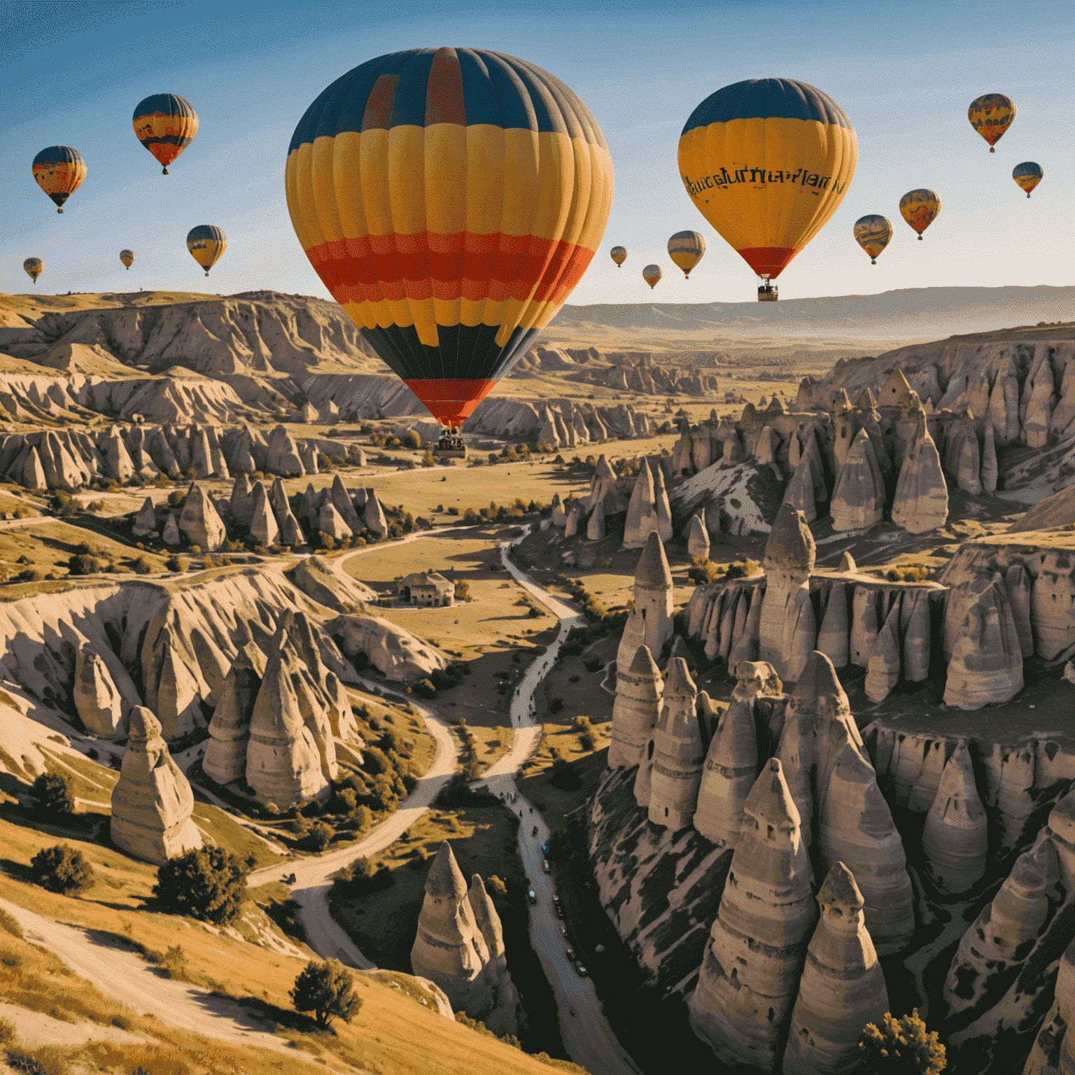Kapadokya vadisinde iniş yapan renkli bir sıcak hava balonu. Arka planda güneş batarken, peribacaları ve antik kaya oluşumları görünüyor. Balondan inen mutlu yolcular şampanya kadehlerini kaldırıyor.