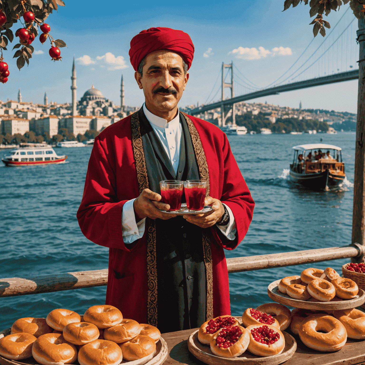 İstanbul Boğazı manzarasında, geleneksel kıyafetli bir satıcının elindeki parlak kırmızı nar sularını sunarken, yanında taze simitler ve közde mısır tezgahı.