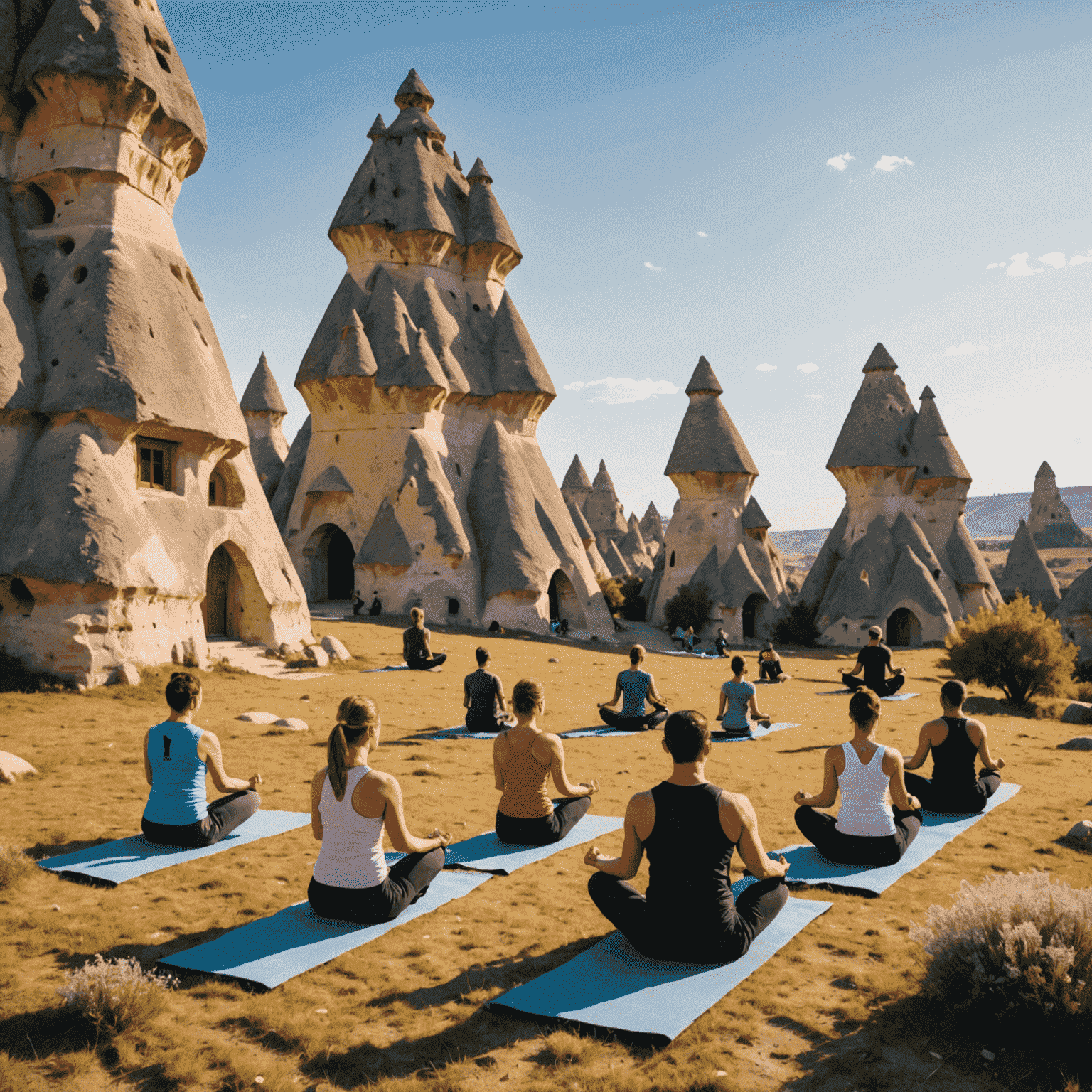 Kapadokya'da peribacaları manzarasına karşı yoga yapan insanlar