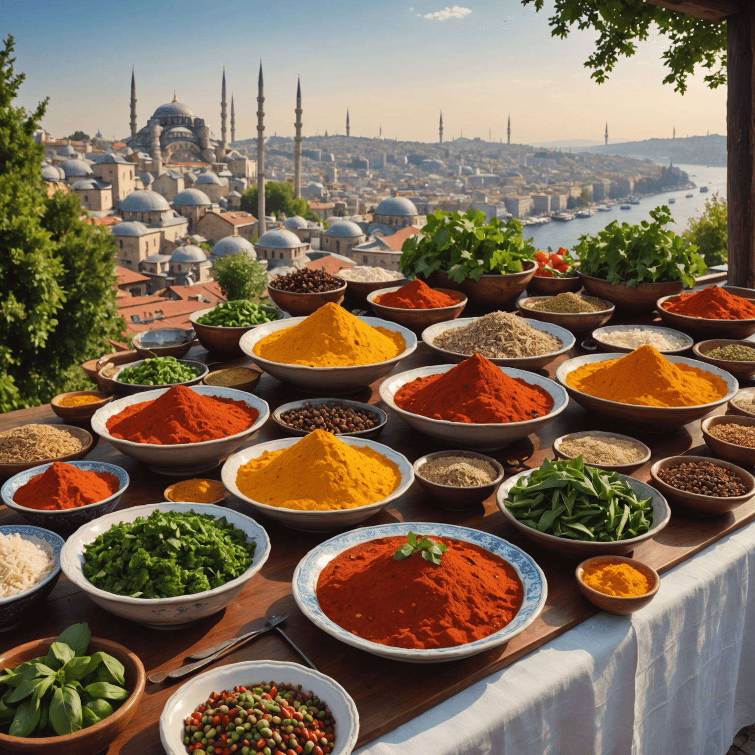 Renkli baharatlar, taze sebzeler ve geleneksel Türk yemekleriyle dolu bir sofra, arka planda İstanbul manzarası.