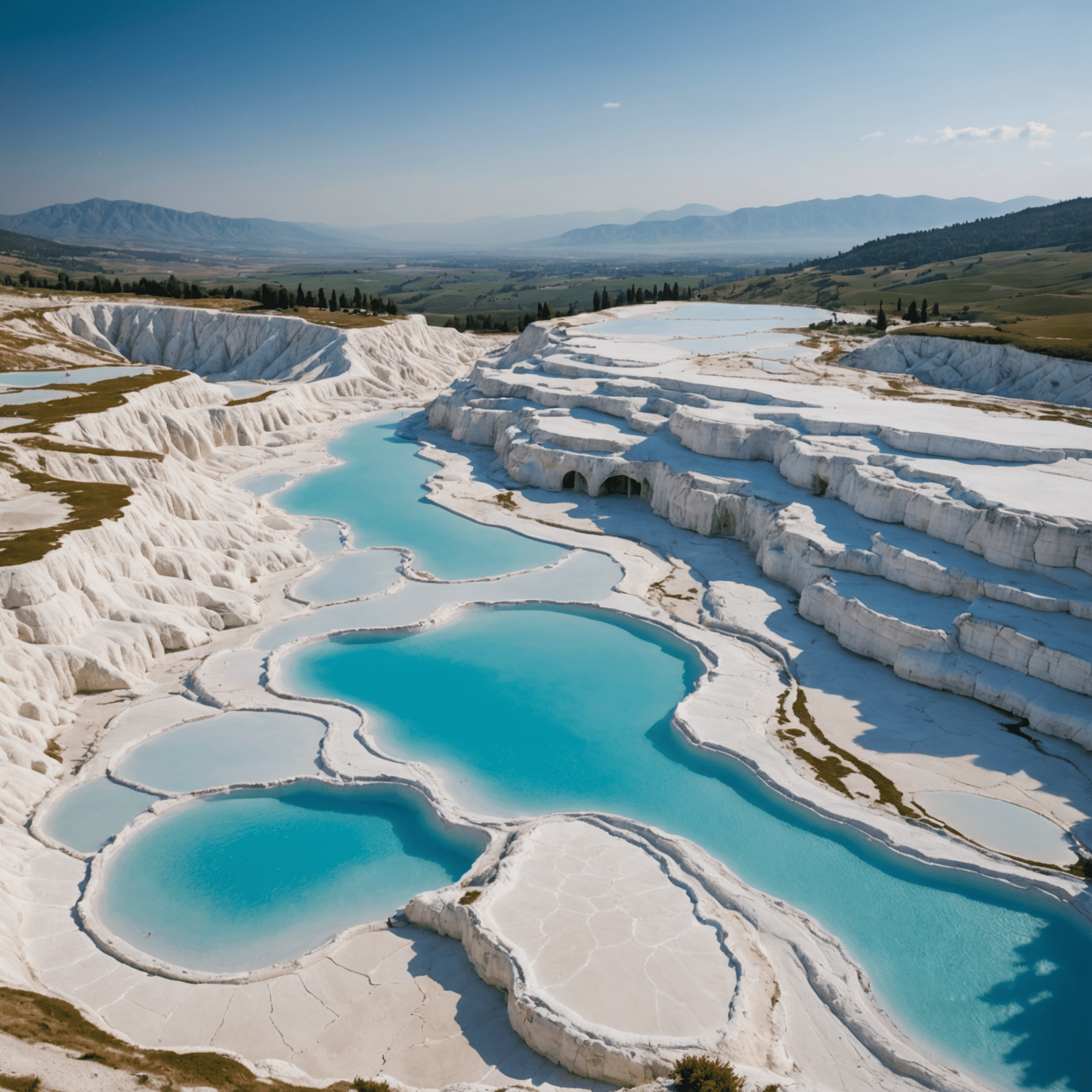 Pamukkale'nin beyaz travertenleri ve termal havuzları