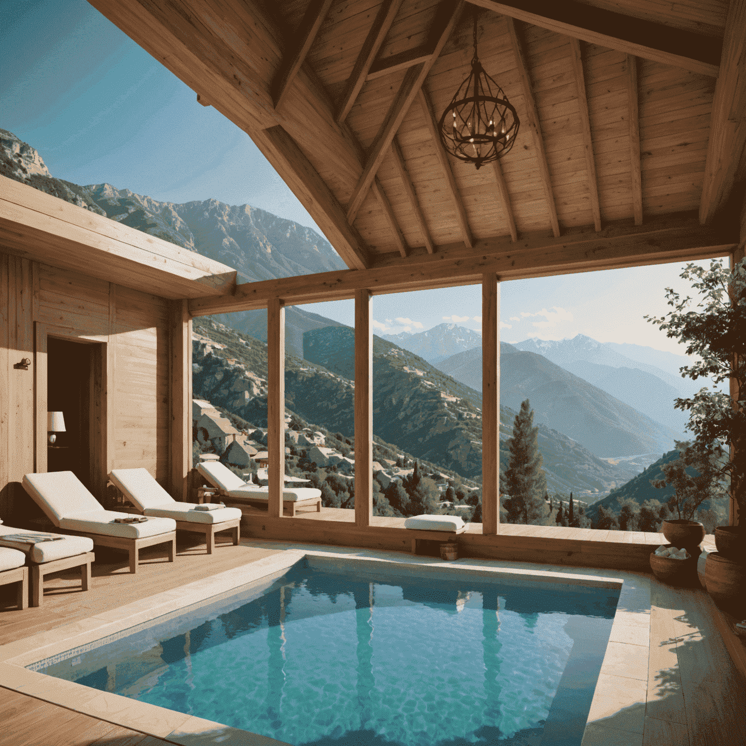 Doğayla iç içe bir wellness resort, geleneksel Türk hamamı ve yoga alanı, arka planda dağ manzarası.