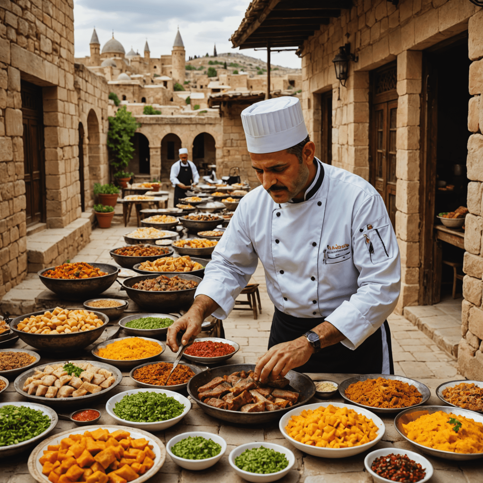 Antik taş bir Mardin evinin terasında, geleneksel kıyafetli bir aşçı kaburga dolması hazırlarken, yanında renkli baharatlar ve taze pişmiş Antep baklavası tabakları.