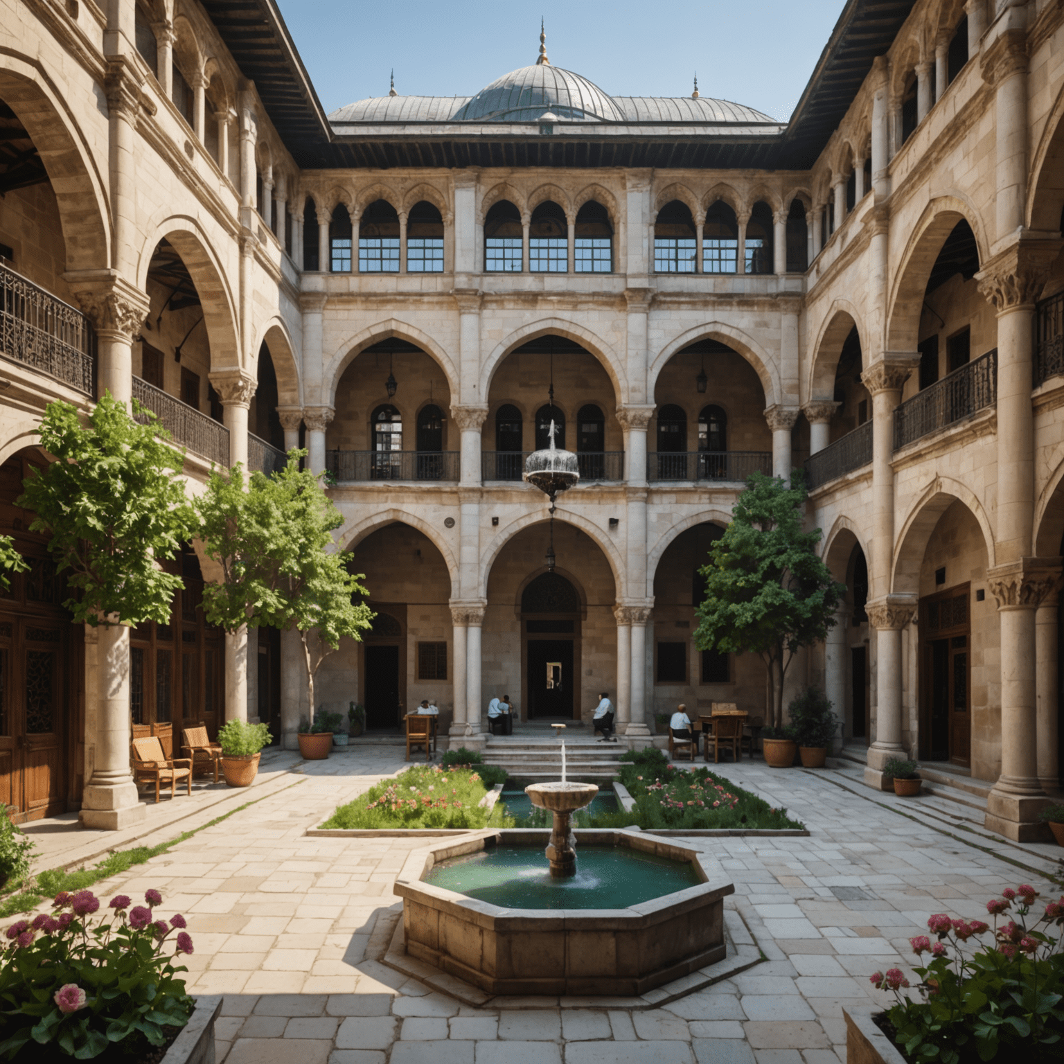 Süleymaniye medreselerinden birinin iç avlusu, ortada şadırvan, etrafta çiçekli bahçeler ve Osmanlı mimarisinin zarif detayları